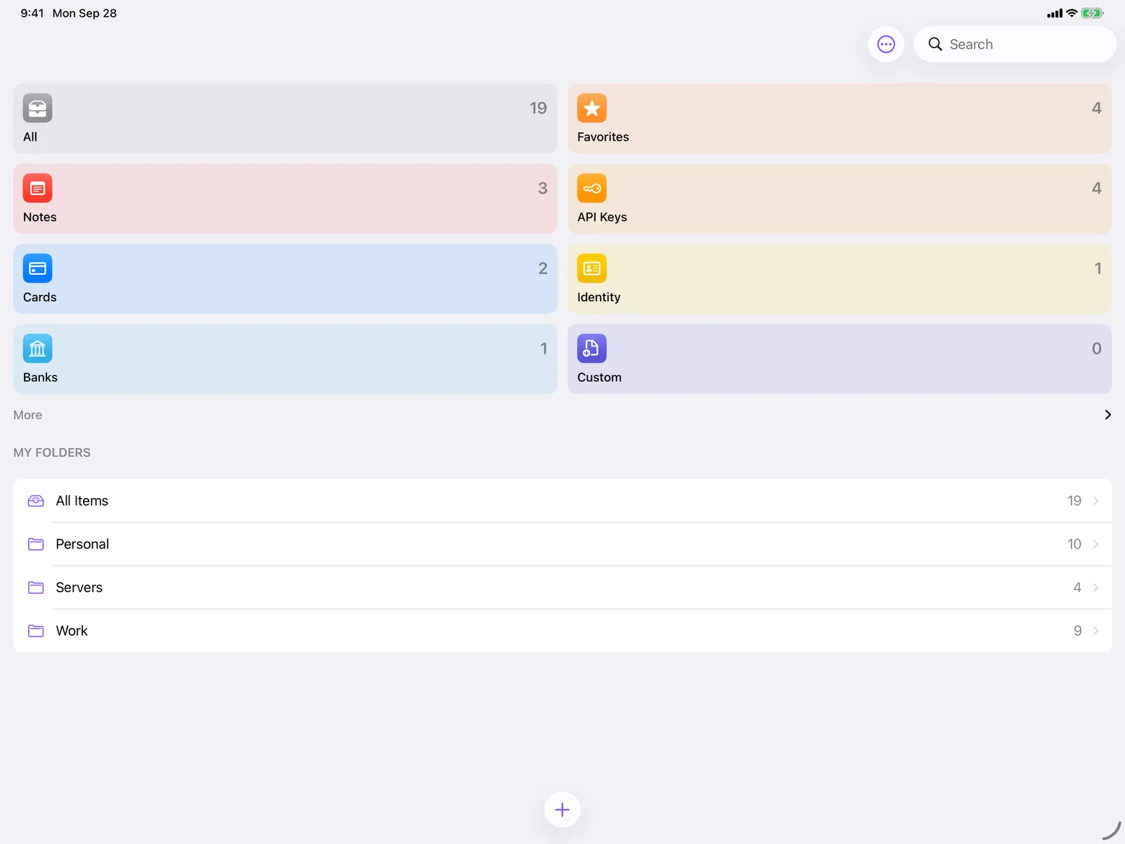 Fydra on iPad, with large category tiles and the folder list on one screen.