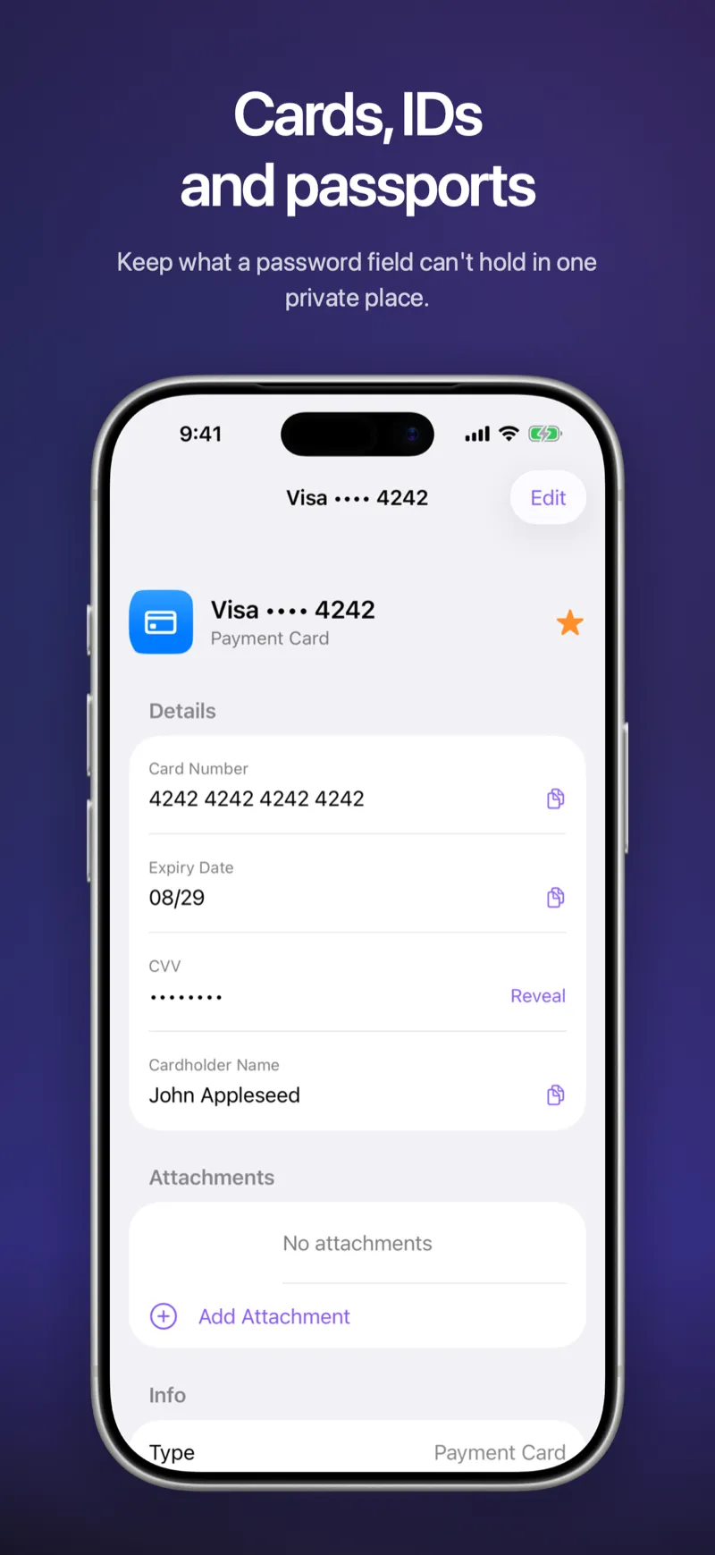 A Visa test card in Fydra on iPhone, showing the card number 4242 4242 4242 4242, the expiry date and the cardholder name in clear, with the CVV hidden behind Reveal.