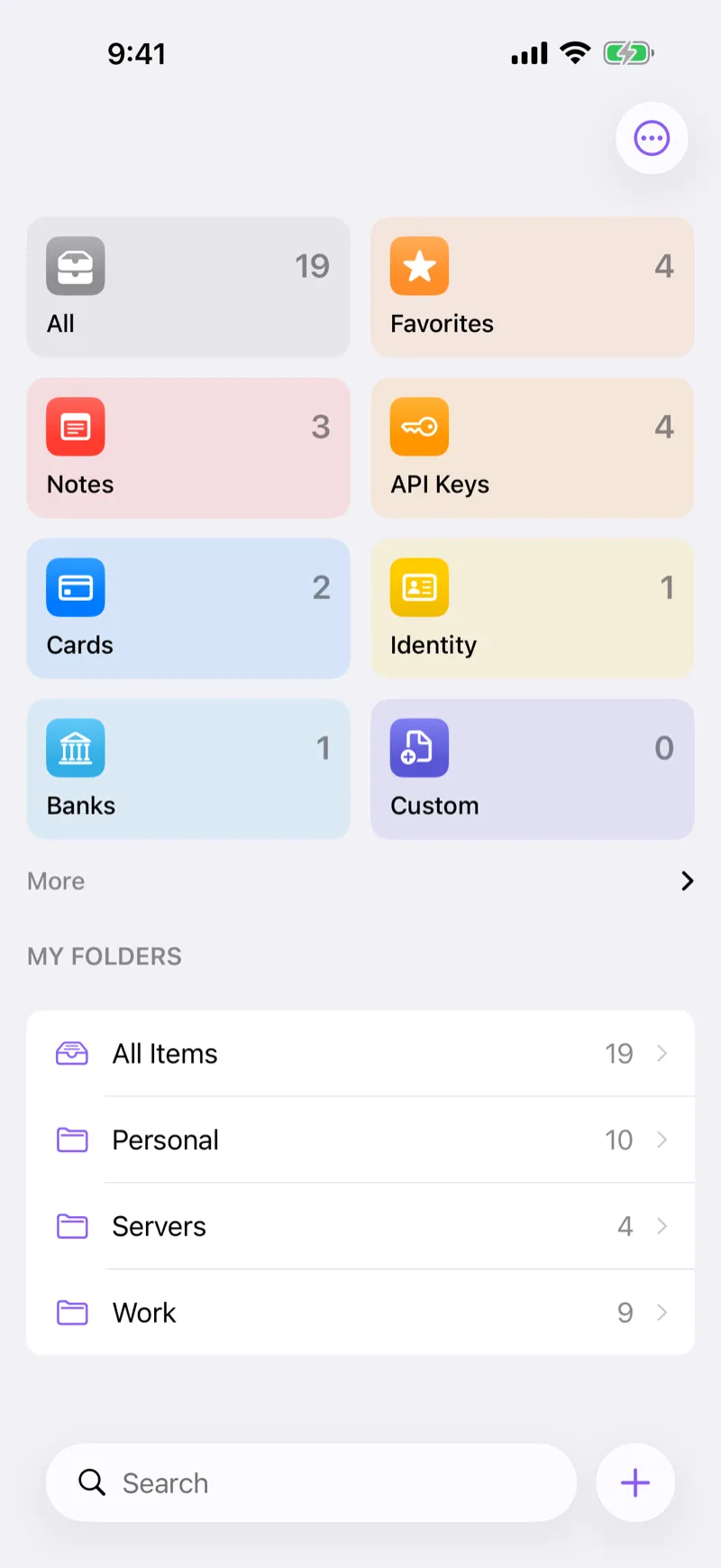 Fydra on iPhone: category tiles for All, Favorites, Notes, API Keys, Cards, Identity, Banks, and Custom, above a list of folders.