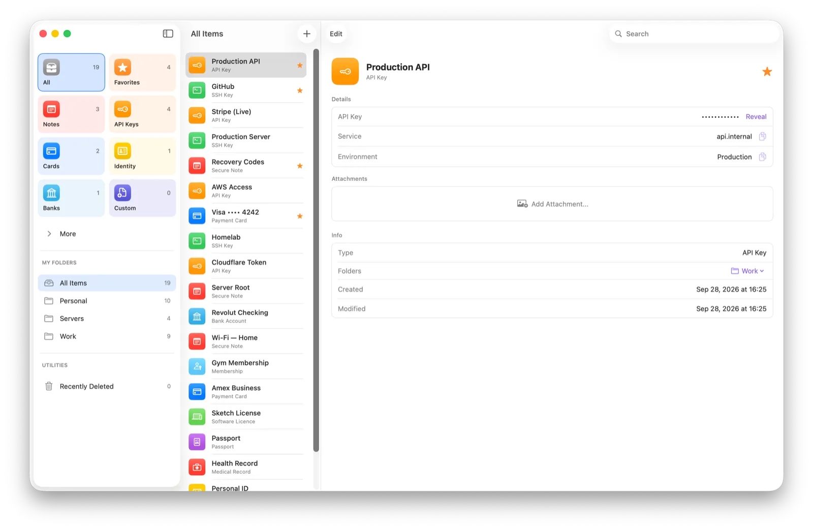 Fydra on Mac in three columns: categories and folders, a list of items, and an API key whose value is hidden until you choose Reveal.