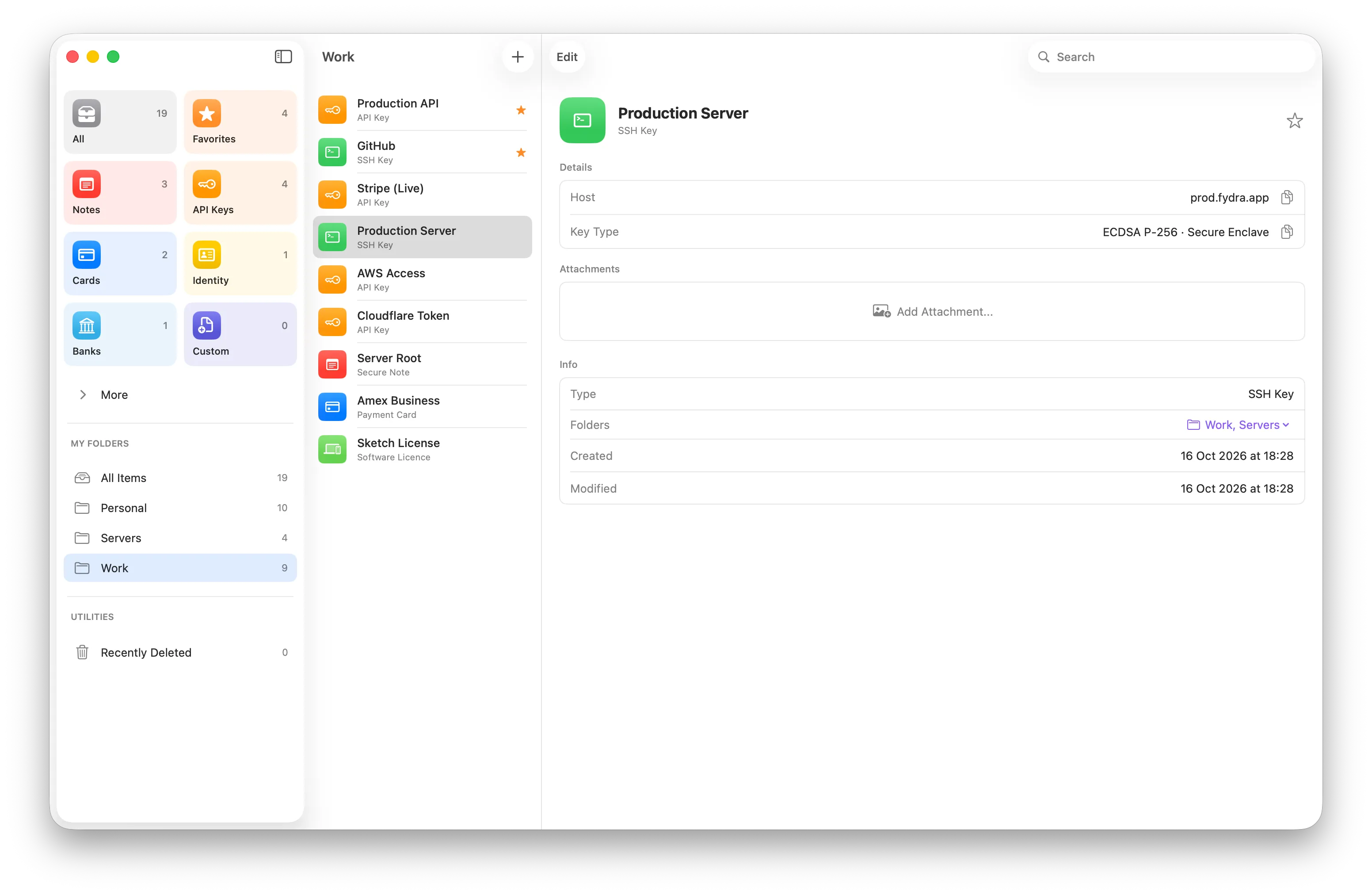 Fydra on Mac showing a Work folder with API keys, SSH keys, a secure note, a payment card and a software licence. The selected SSH key, Production Server, is in the Work and Servers folders.